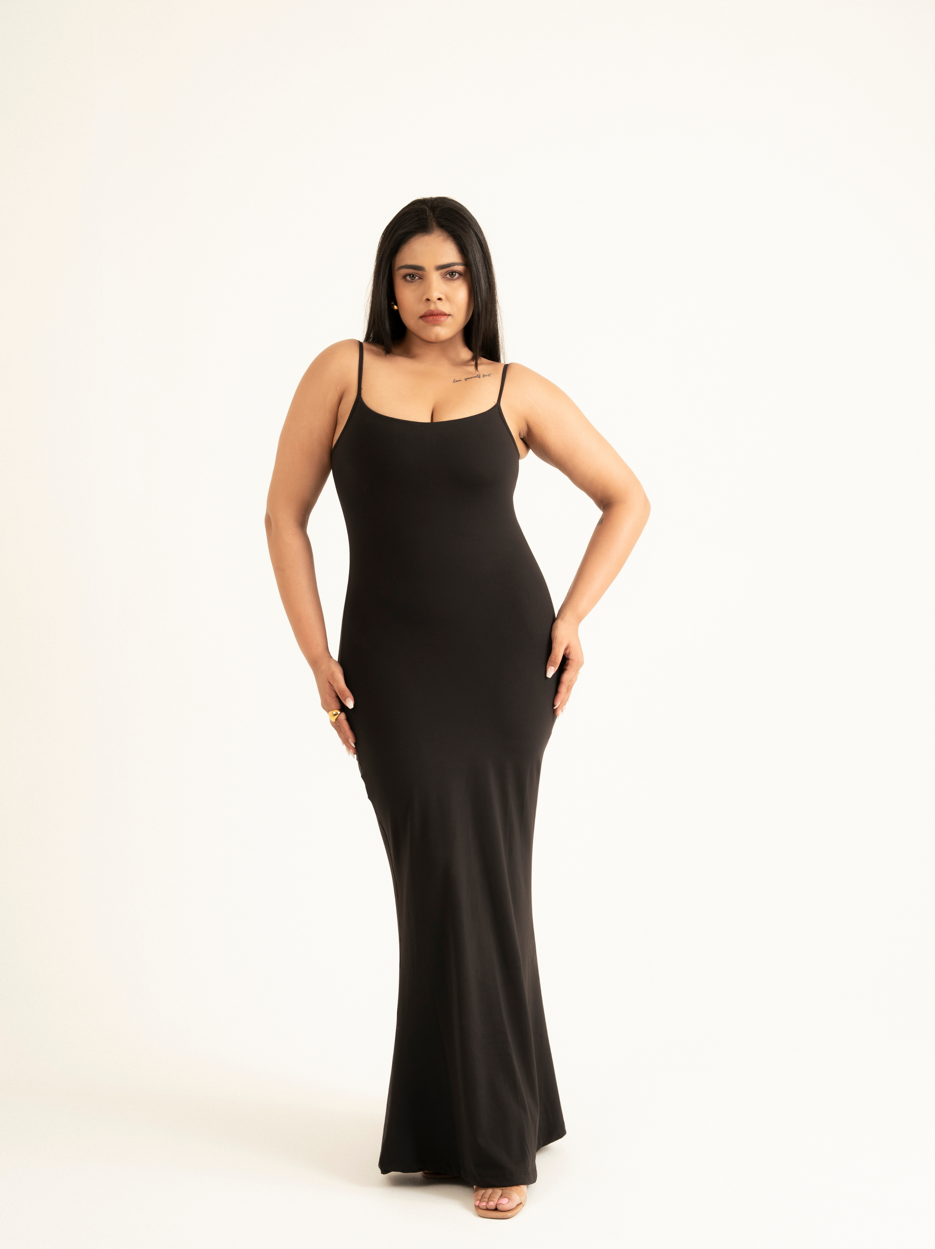LONG BLACK BUILT-IN BRA DRESS