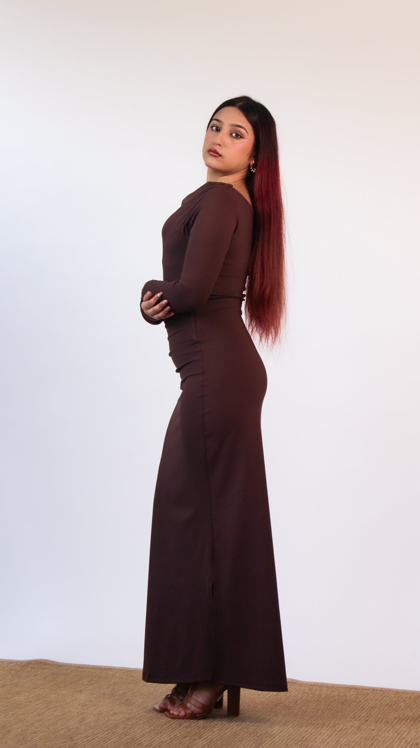 LONG BROWN COWL NECK DRESS
