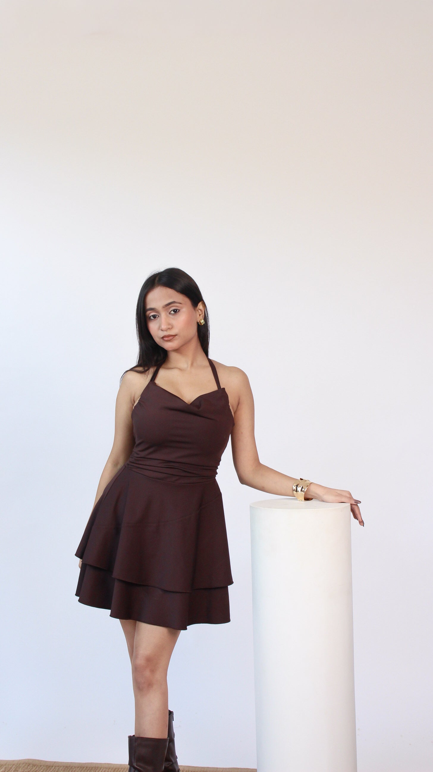 BROWN HALTERNECK BUILT-IN BRA DRESS