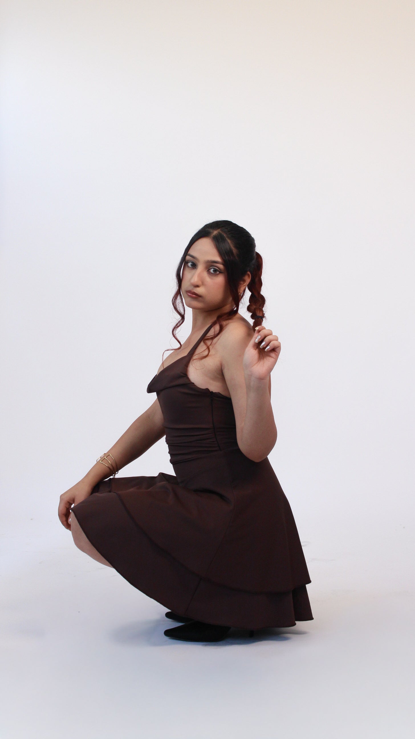 BROWN HALTERNECK BUILT-IN BRA DRESS