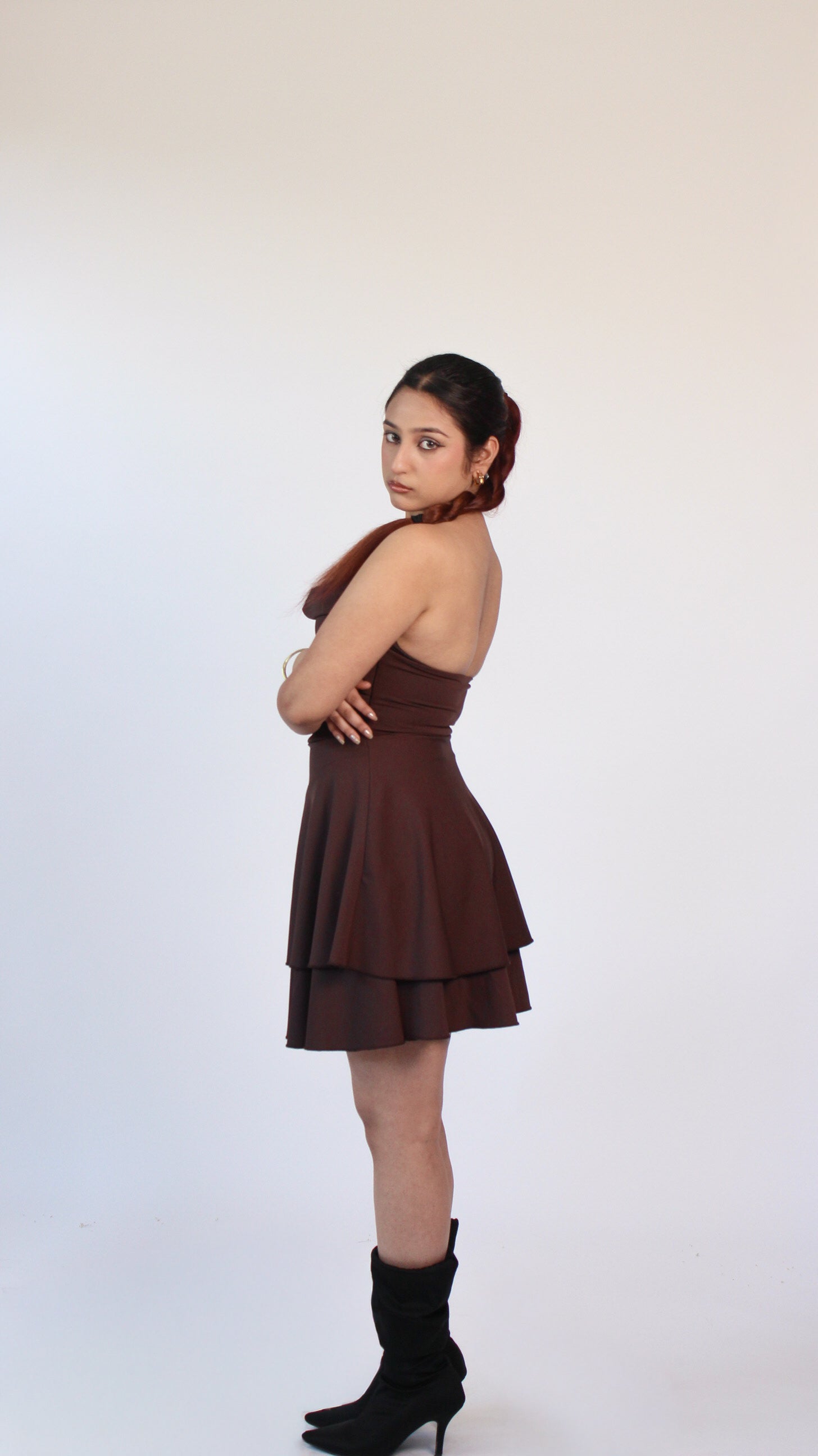BROWN HALTERNECK BUILT-IN BRA DRESS