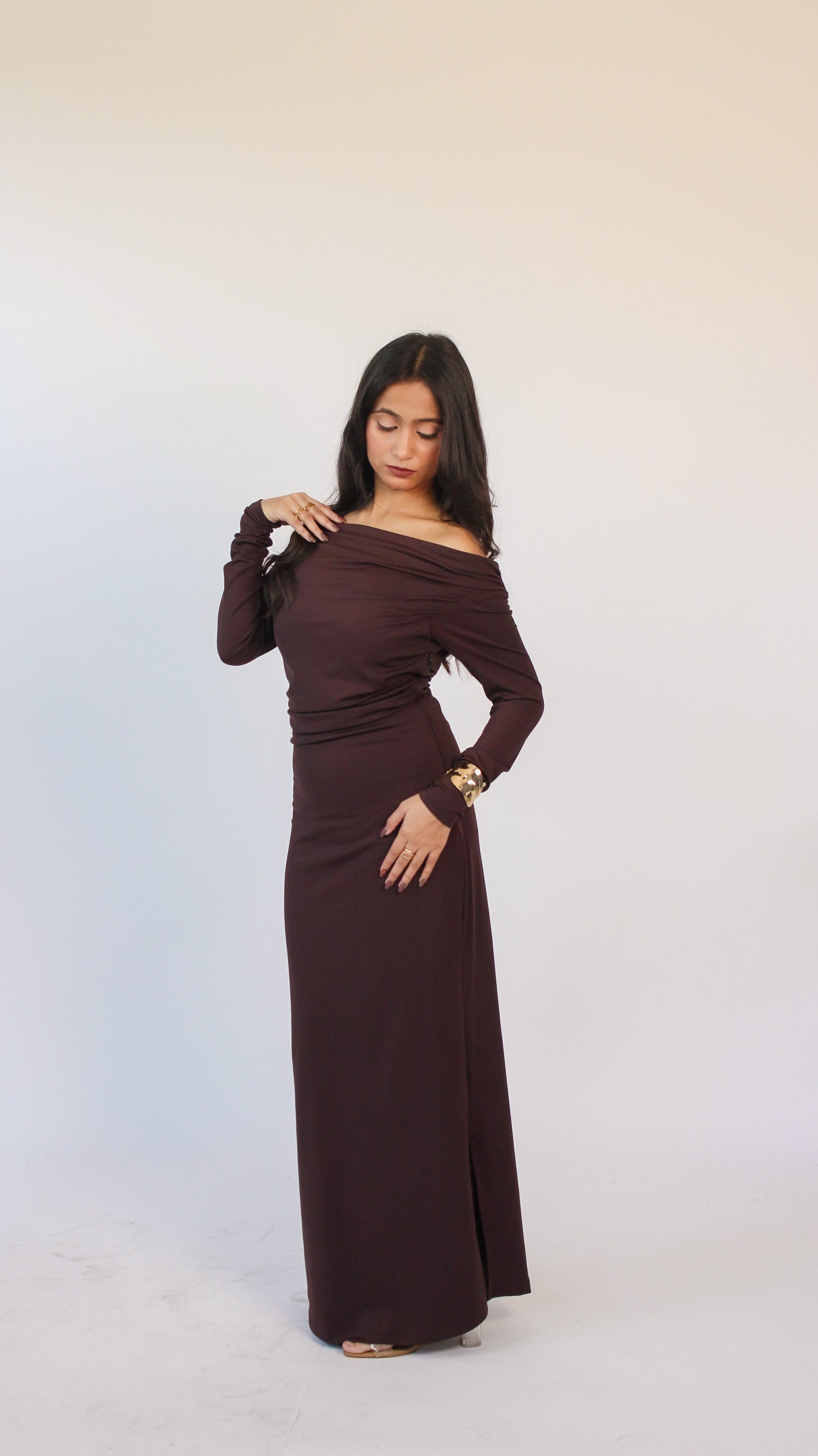 LONG BROWN COWL NECK DRESS